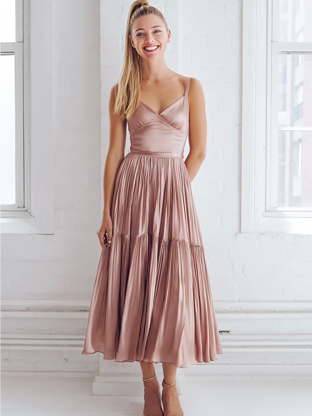 Satin Midi Dress in Blush